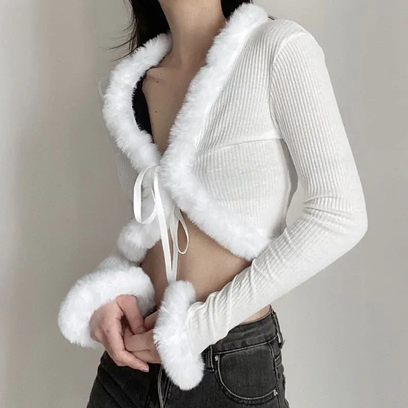 Knitted Cardigan High Quality Stitching Plush Lace-Up Jacket Sexy Women'S Short European And American Slim Hot Girl Top