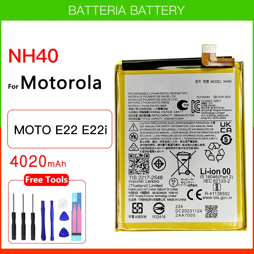 100% Original Genuine 4020mAh NH40 Replacement Battery For Motorola MOTO E22 E22i NH 40 Batteries Batteria+FREE Kit Tools