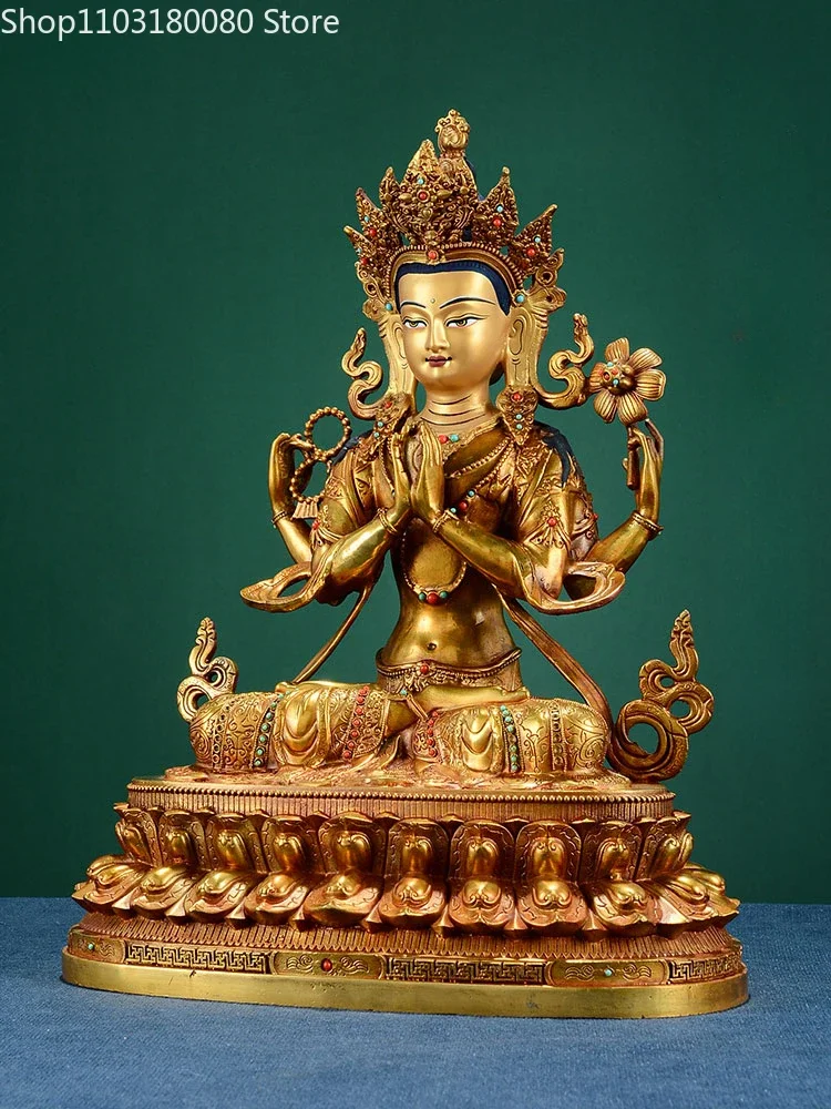 32cm Copper brass gilt carve Four-armed Guanyin buddha statue Tibet buddhism Tantric Kwan-yin Mercy goddess statue Large size