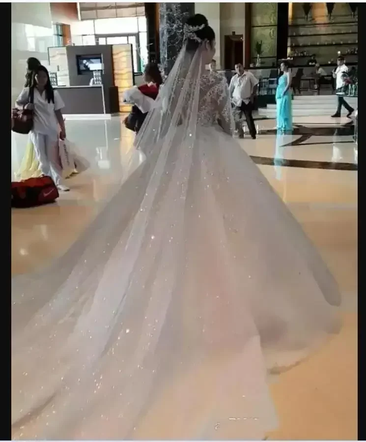 ชุดแต่งงานทรงบอลกาวน์ประดับลูกปัดแบบสั่งทำพิเศษ แขนยาว ชายกระโปรงทรง Cathedral  ไซส์พลัส