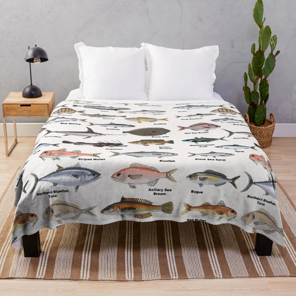 

Vintage Fish Identification Chart Fishing Throw Blanket Cozy Sofa Blanket for TV Watching Napping