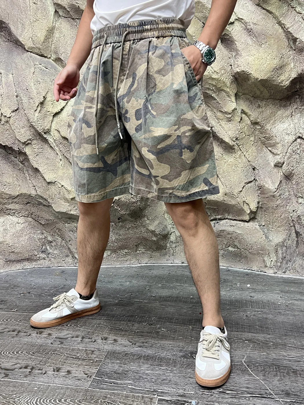 Casual Camouflage Print Men's Workwear Style Five-Quarter Shorts Cotton Elastic Waist Summer Fashionable Shorts