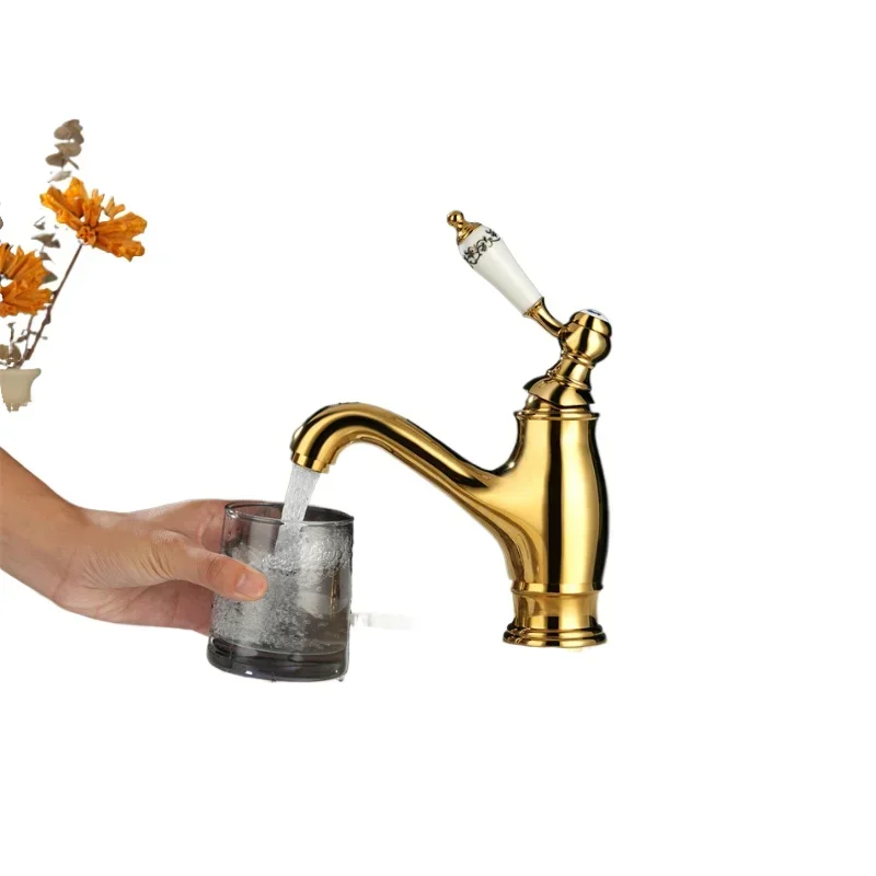 

French retro all-copper single handle single hole gold basin faucet ceramic handle hot and cold basin faucet
