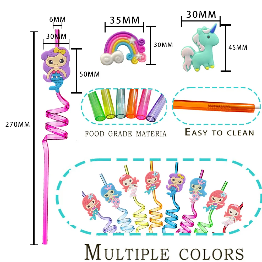 8-24PCS Curly Colored Reusable Children\'s Straws, Mermaid, Rainbow, Little Mary Straws For Princess Birthday Party Decorations