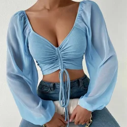 Women's Sexy Tops Puff Sleeve Close-Fitting Drawstring Comfortable V-neck Hot Party Breathable Elastic Tee Shirts Fashion 2024