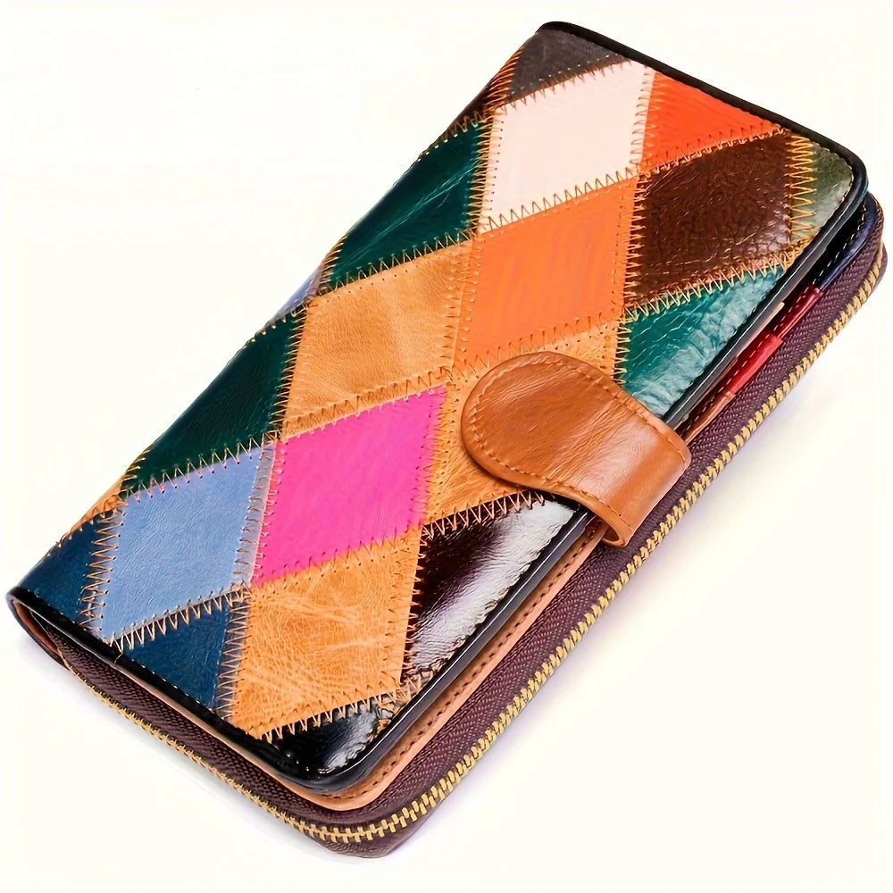 Genuine Leather Bifold Wallet with Elegant Patchwork, Coin Zip Pocket, & Card Compartments