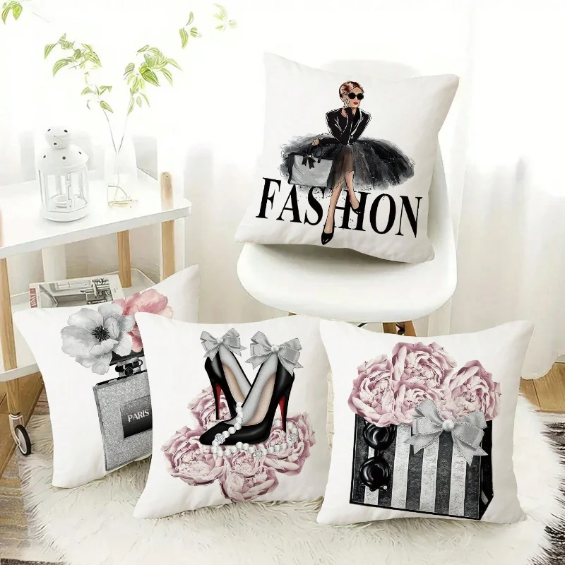 Gold Perfume Bottle Pink Flower Velvet Throw Pillow Cover 45x45cm Black White Cushion for Couch Bedroom Teen Girl Decor