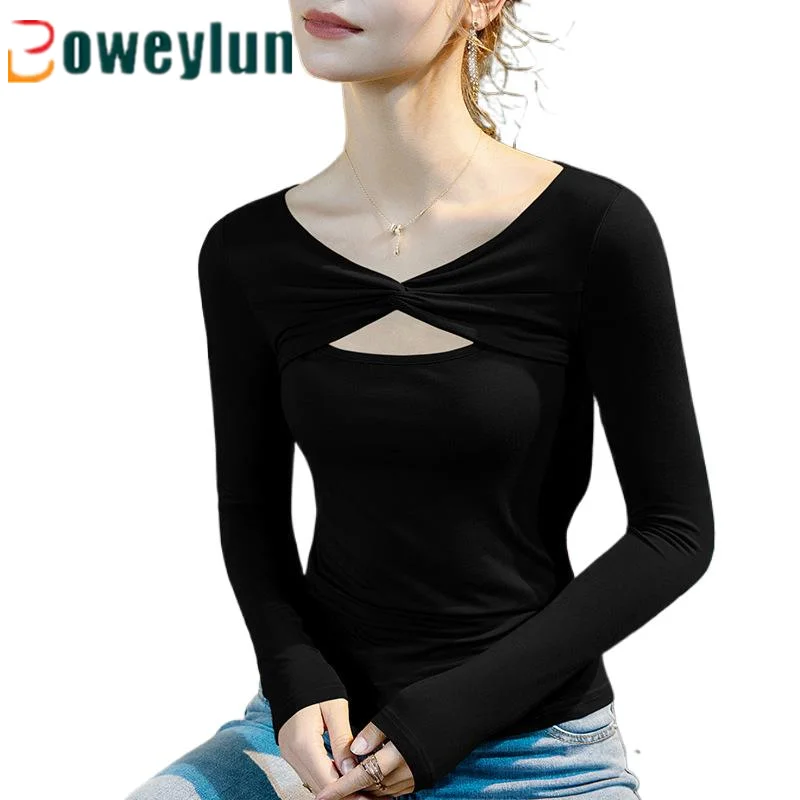 

Boweylun New Modal V-neck Bottoming Shirt Female Slim Spring and Autumn Inner Hollow Out Solid Colour Long-sleeved Tops Women