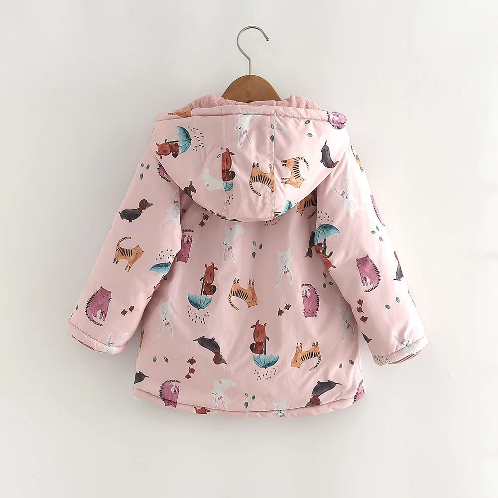 Winter New Cartoon Printed Weather Resistant Girl\'s Thick Hooded Cotton Jacket With Added Fleece Children Outwear Kids Coat