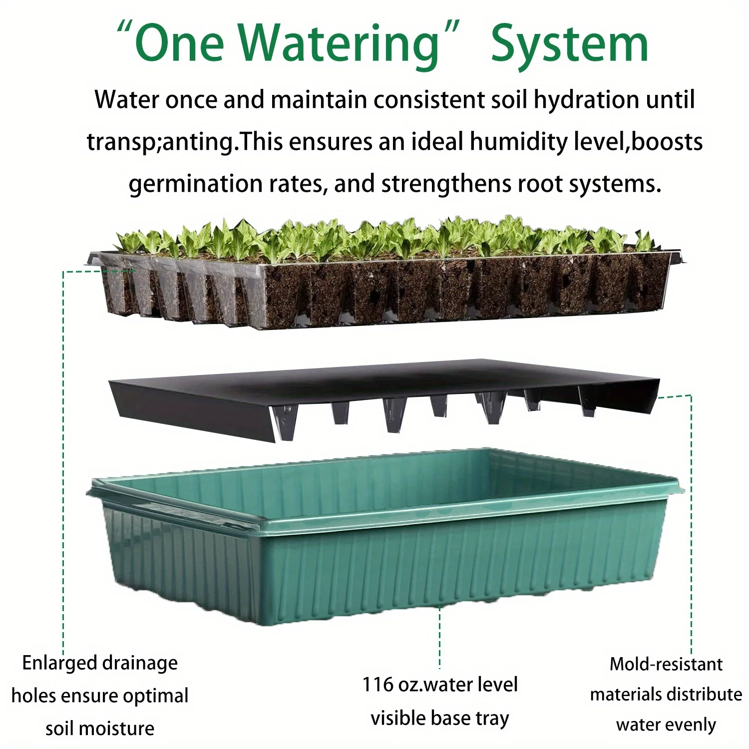 Self-watering seedling trays 2 packs, green color, with growth lights and automatic humidifying dome, 3/6/12 hour timer, 5 brigh