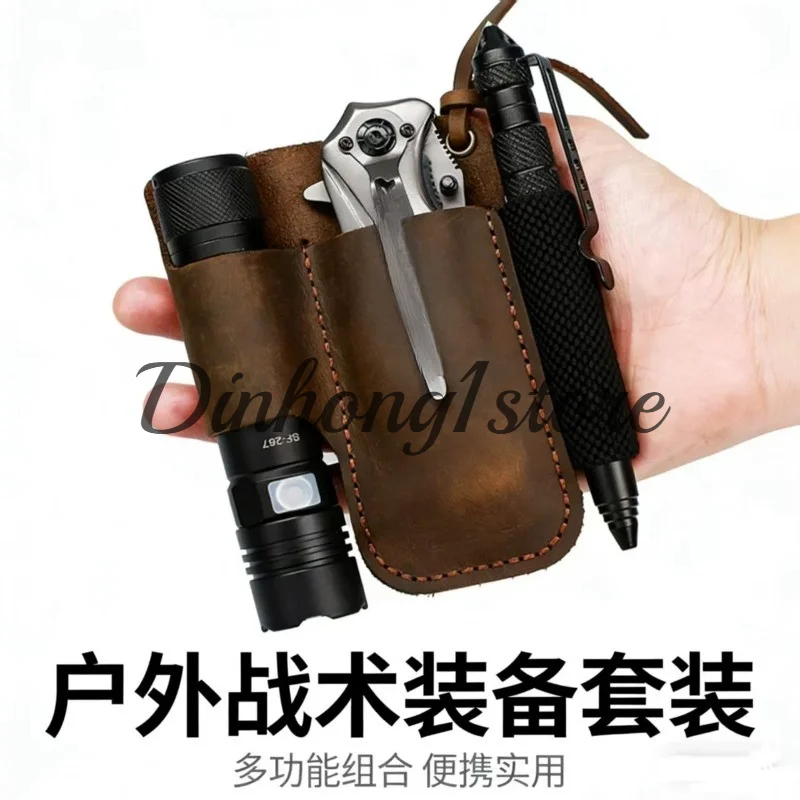 Handmade Leather Sheath Folding Knife Flashlight Holder EDC Tool Brown CX