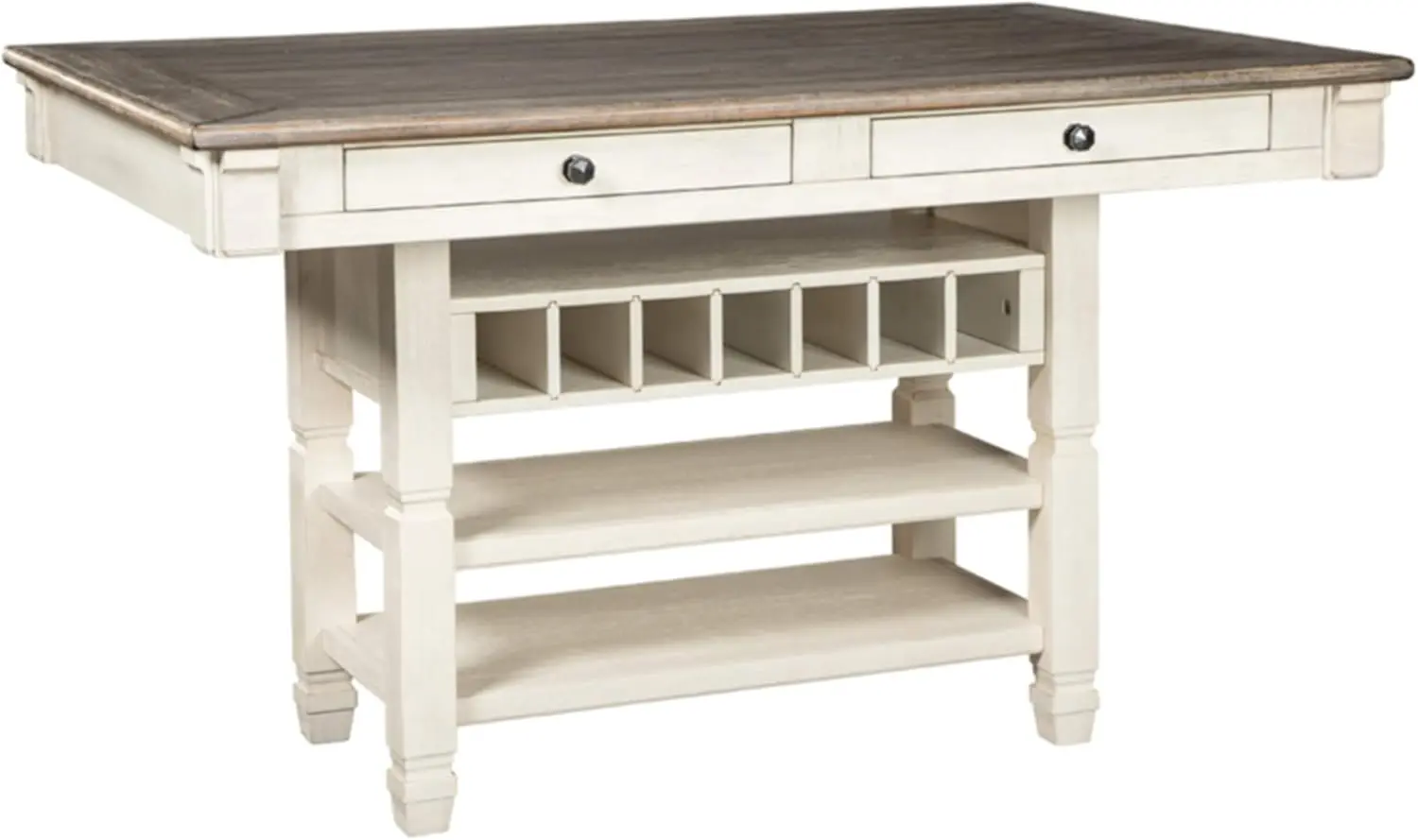 Counter Height Dining Room Table Two-tone Designed with a storage rack that holds up to 7 wine bottles and 4 drawers