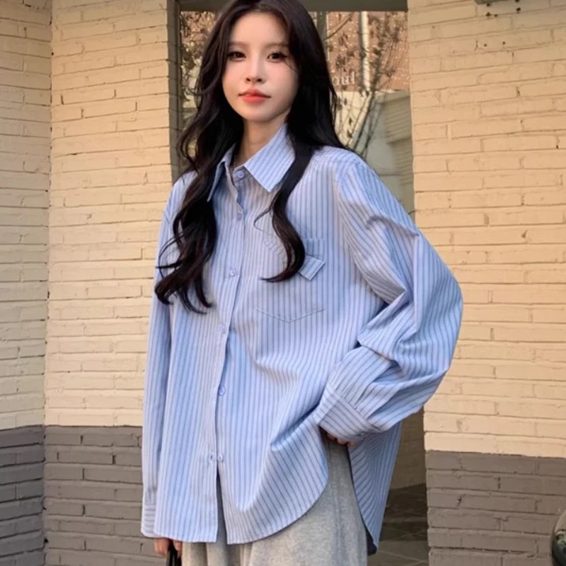 

Korean Fashion Blue Striped Shirt Women 2025 Autumn Long Sleeve Loose Blouses Woman Chic Pocket Turn Down Collar Shirts Female