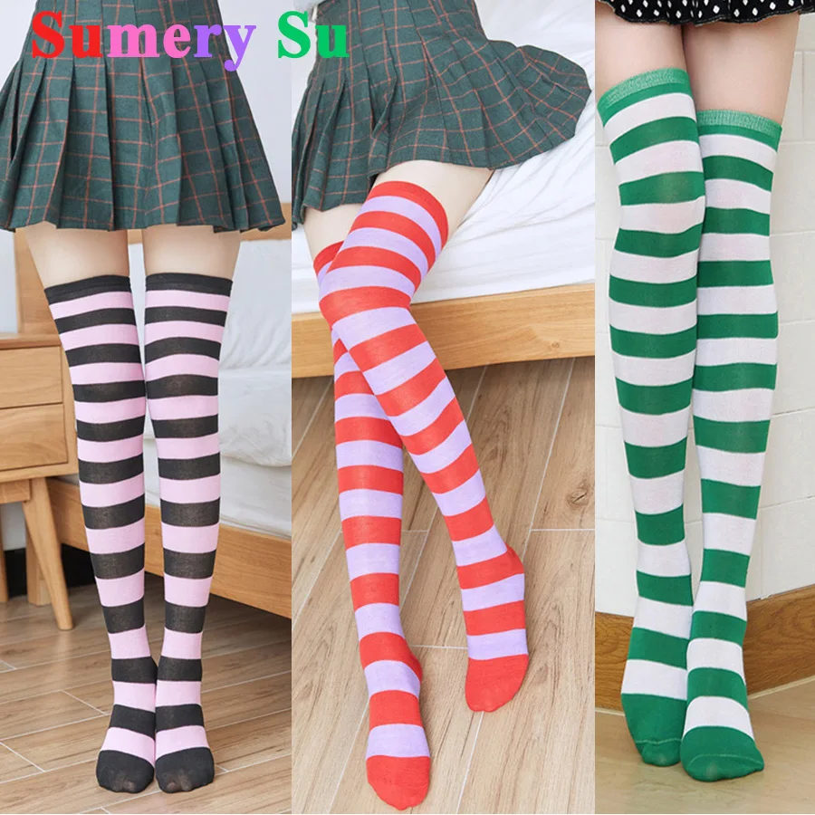 

Stripes Stockings Socks Women Wide Stripes Over Knee Cotton Sexy Slim Ladies Girls Christmas Halloween Gift 17 Colors 1 Pairs