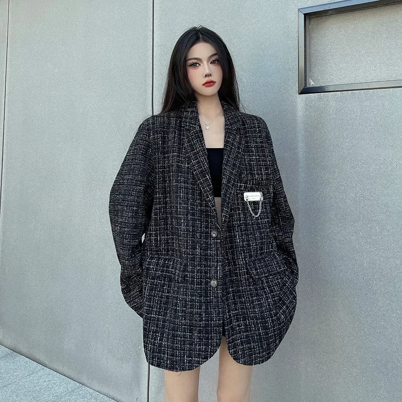 UNXX Autumn Winter Minimalist Plaid Striped Blazer Jacket Women Padded Loose Blazers Hot Sale High Quality Office Lady Clothes