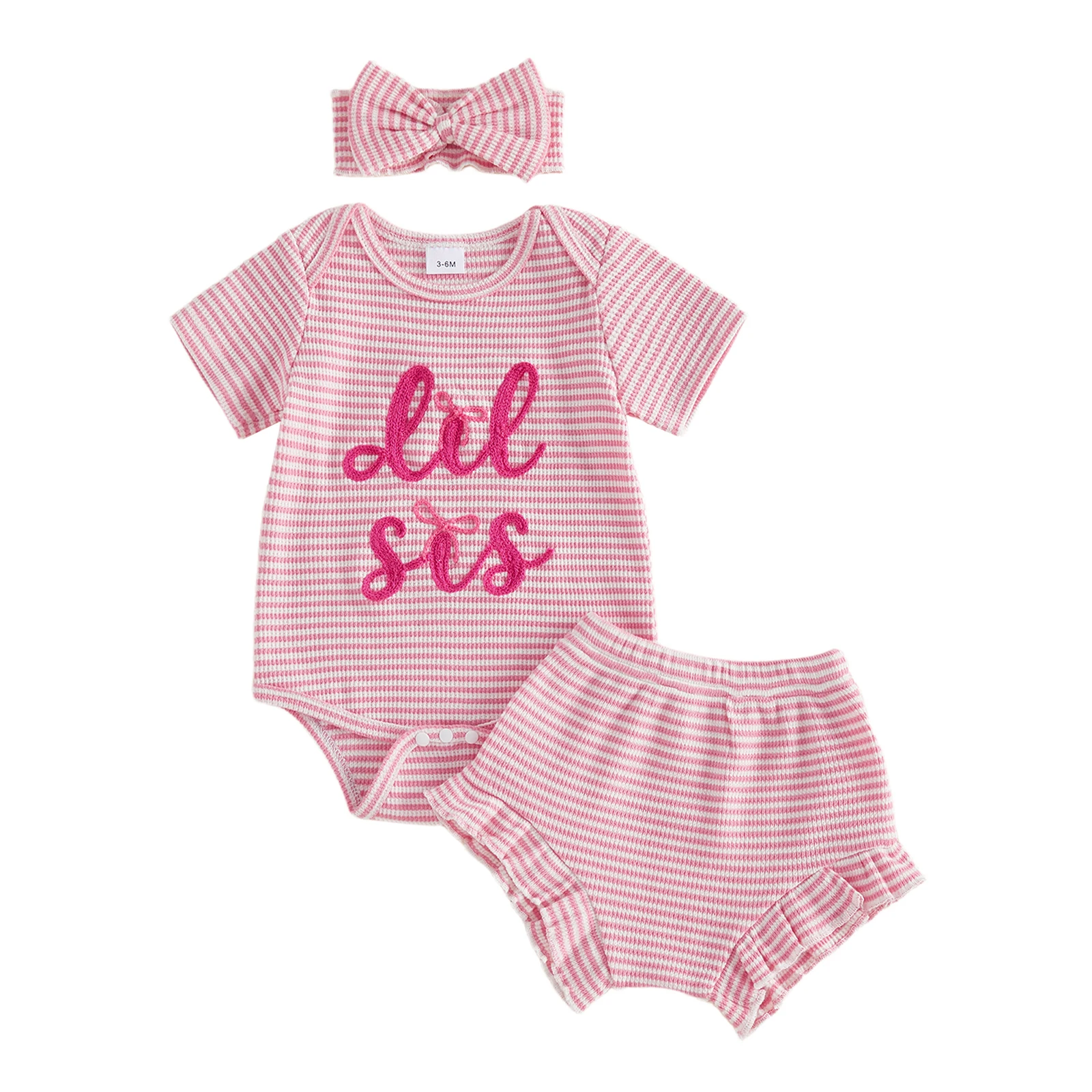 

Летний полосатый наряд для маленьких девочек, комбинезон с короткими рукавами и вышивкой букв, шорты с рюшами и повязка на голову с бантом, комплект из трех предметов
