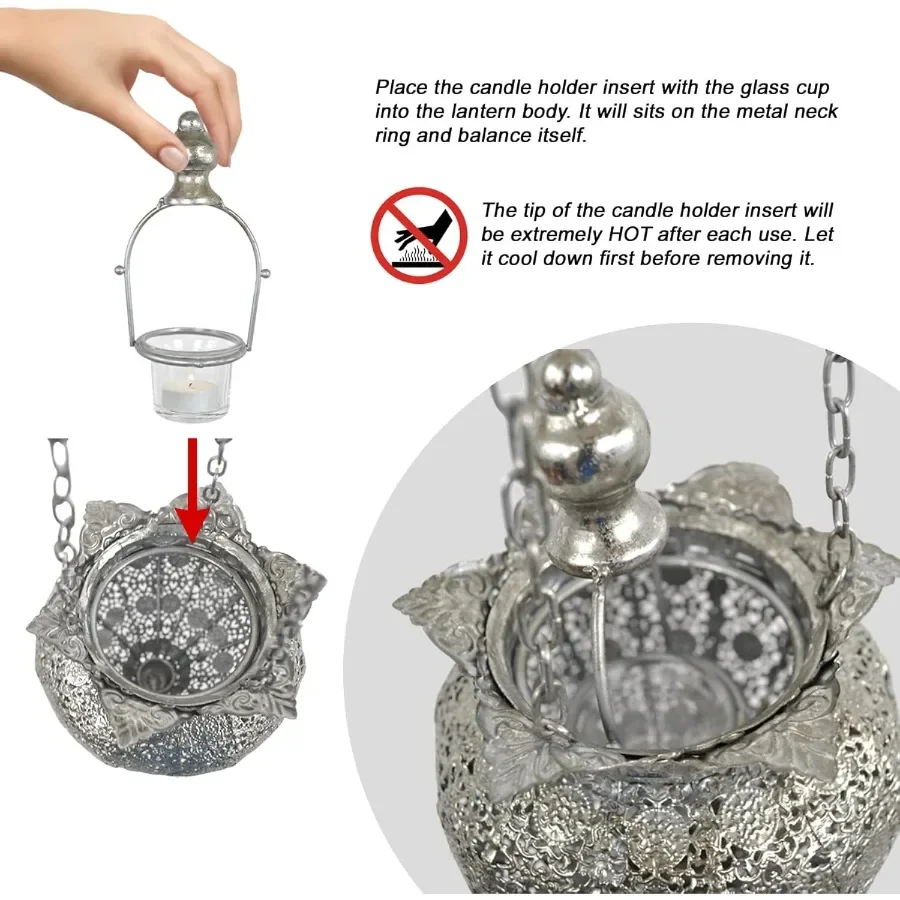 2er-Set antike silberne orientalische marokkanische Ramadan-Laterne, Metall-Hänge-Pendelleuchten, Kerzenlaternen, Lampen, dekoratives Dekor für