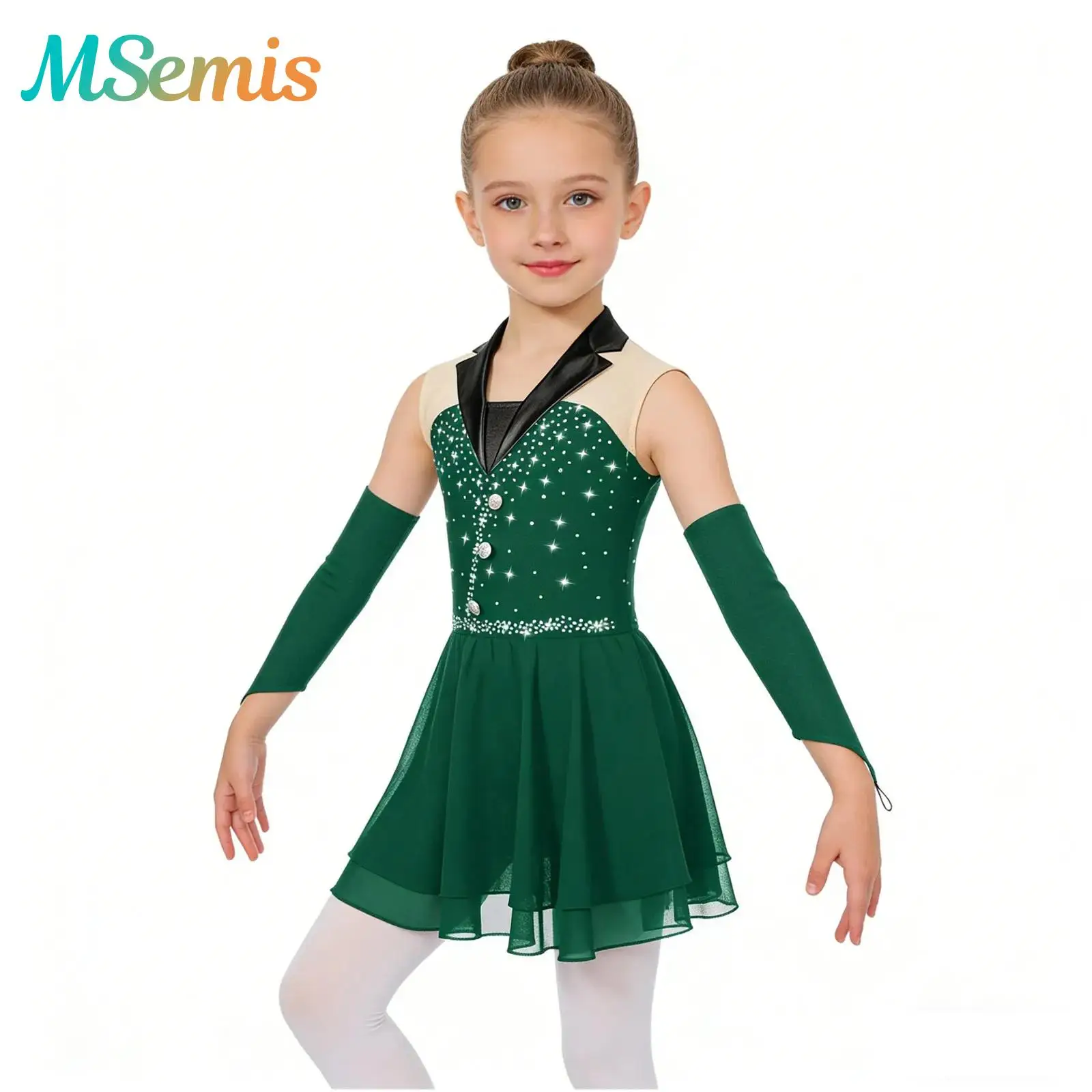 

Kids Girls Sparkling Rhinestone Figure Skating Ballet Lyrical Dance Dress with Fingerless Gloves Chiffon Performance Outfit