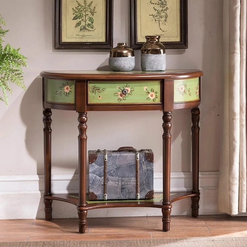 

*American semicircular entrance table solid wood hand-painted green corridor wall table