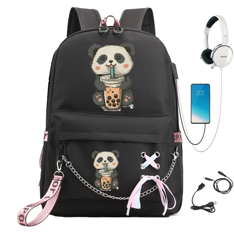 Kawaii School Bag Little Panda Drinking Boba Print School Backpack Students Cartoon School Bag Bookbag Children Teenager Bagpack