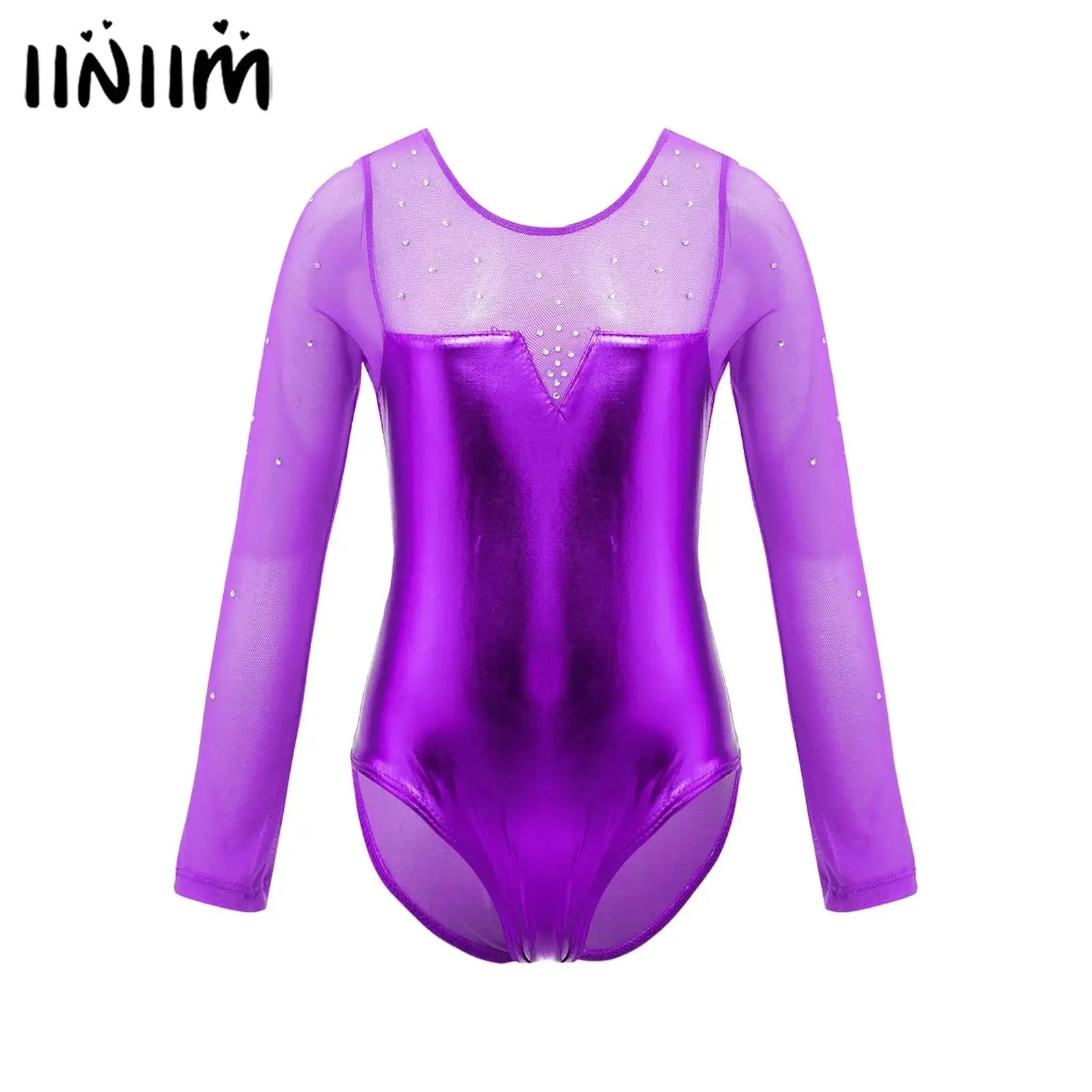 Maillot de Ballet metálico para niñas, traje de tul transparente con diamantes de imitación brillantes, adornado, leotardos de gimnasia rítmica, Ropa de baile de Ballet
