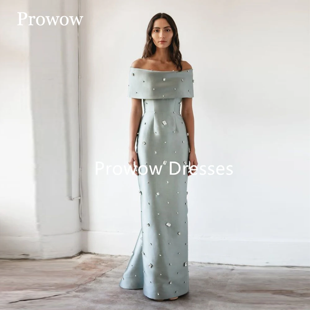 Prowow-vestidos de noche rectos con hombros descubiertos, modestos, hasta el suelo, árabes, para fiesta de boda, vestido Formal de cristal personalizado