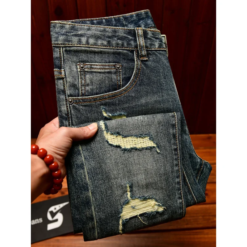 Broken hole patch jeans for men 2025, scraped design, slim fit, small foot design, trendy fashion, retro blue denim pants