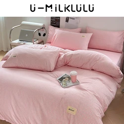 Pink Grid Bedding Set Luxury Simplicity and Freshness Queen Comforter Cotton King Size Sheet Set 180 Comfortable Duvet Cover