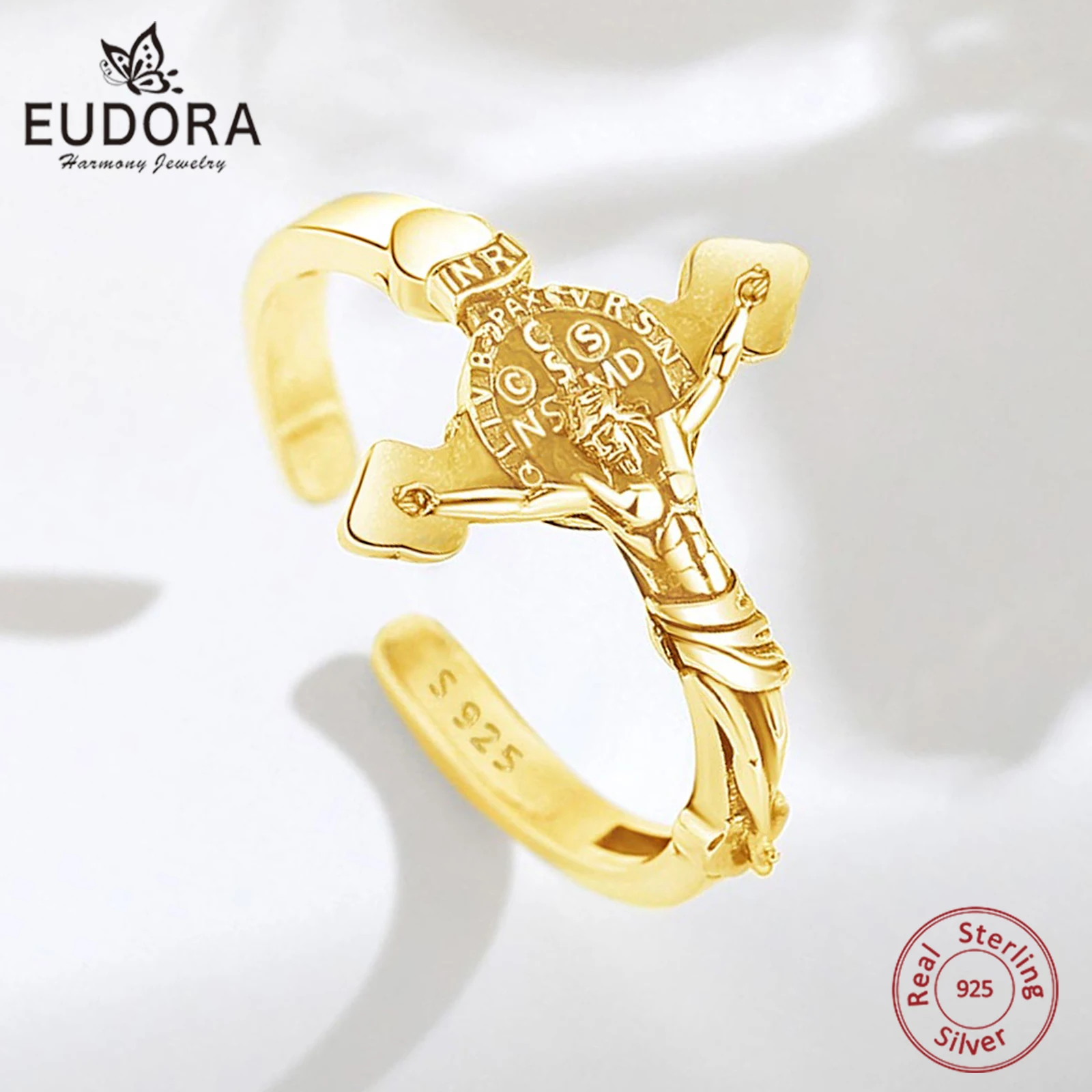 

Eudora 925 Sterling Silver Saint Benedict Medal Adjustable Ring 18K Gold Plated Jesus Cross Ring Religious Jewelry Gift Unisex