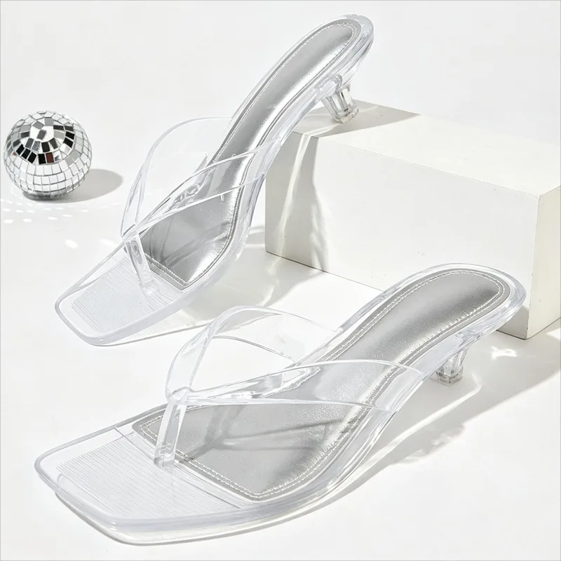 Silver Transparent PVC Kitten-Heel Jelly Sandals Women Fashion Square-Toe Slip-On Sandals Summer Sexy Clip Toe Beach Flip-Flops
