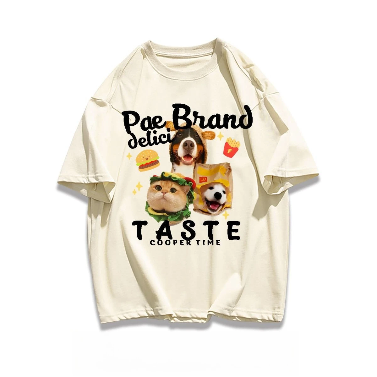 

2026 New Fashion High Street Burger Cat and Dog Graphic Print Cotton Short Sleeve Unisex Casual Athletic Short Sleeve T-Shirt