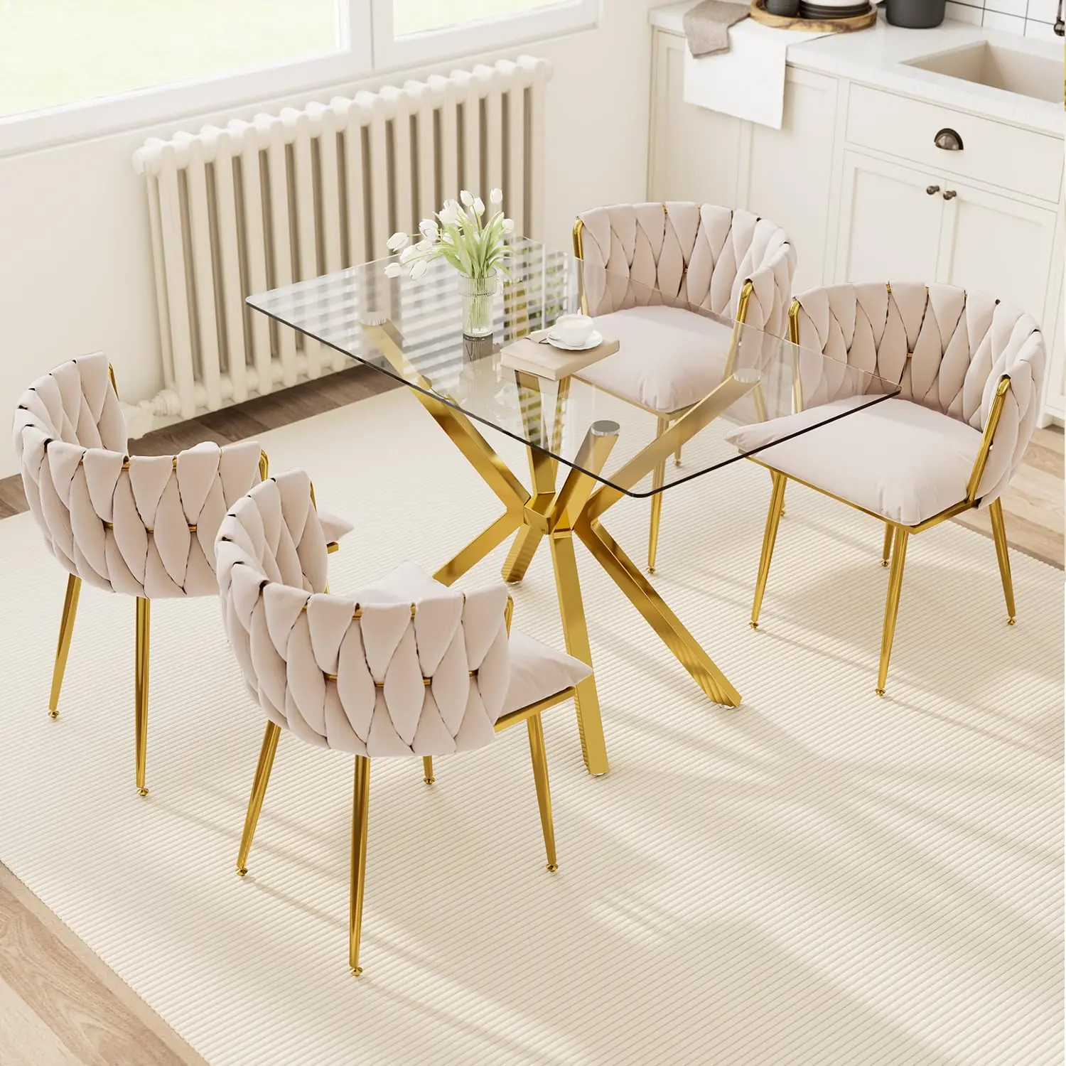 

Golden Glass Dining Table Set for 4 with 47.2" Rectangular Tempered Glass, 5 Pieces Kitchen Table Set with 4, Customized