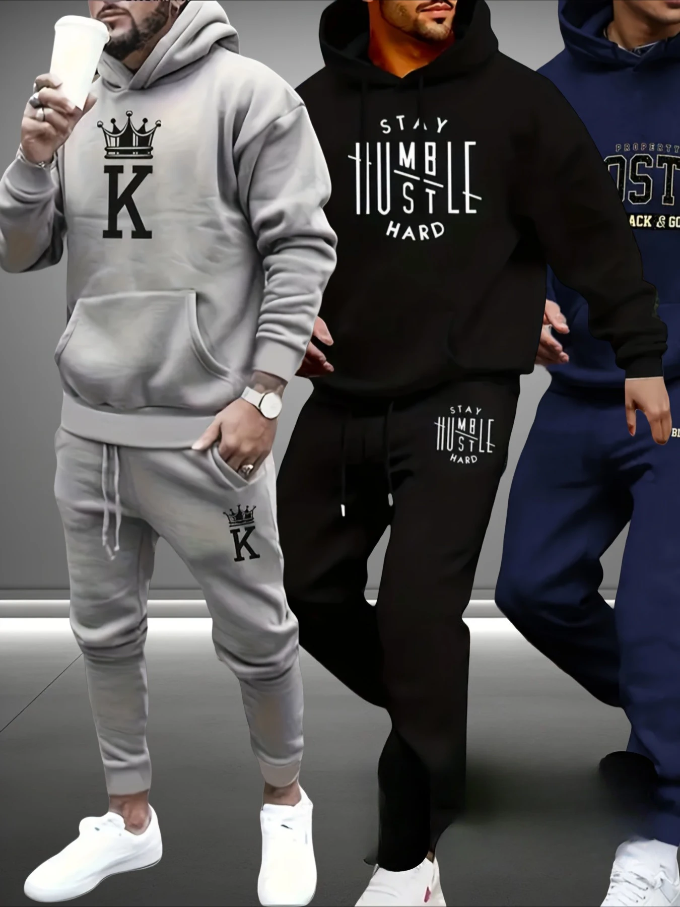 

Winter new-style men's casual sportswear set Long-sleeved hooded sweatshirt and drawstring pants with letter print design