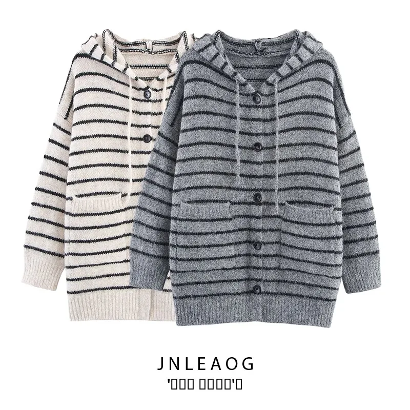 

JNLEAOG Autumn New Women's Street Sle Loose Knitted Hoodie Cardigan Color Blo Striped Open-irt Long Sve Sweater