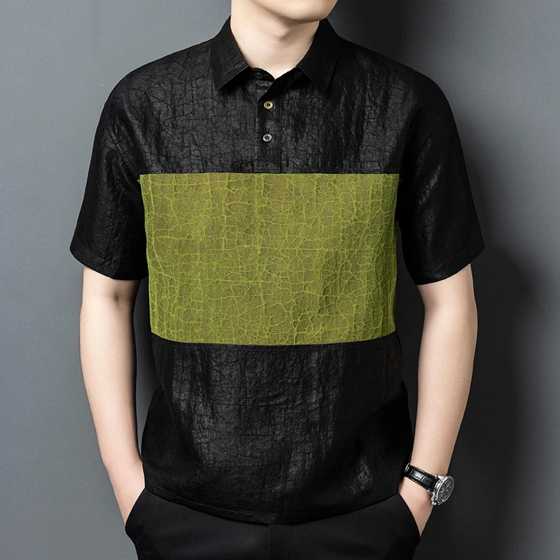 Mulberry Silk 100% Luxury Polo Shirts For Men Short Sleeve Satin Summer Quality Gambiered Canton Gauze Patchwork Polos De Hombre