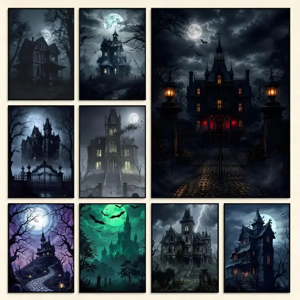 Art Halloween H-Halloween Gothic Haunted House Poster Digital Solvent Print Waterproof PP Fade-Resistant Wall Art Room Decor