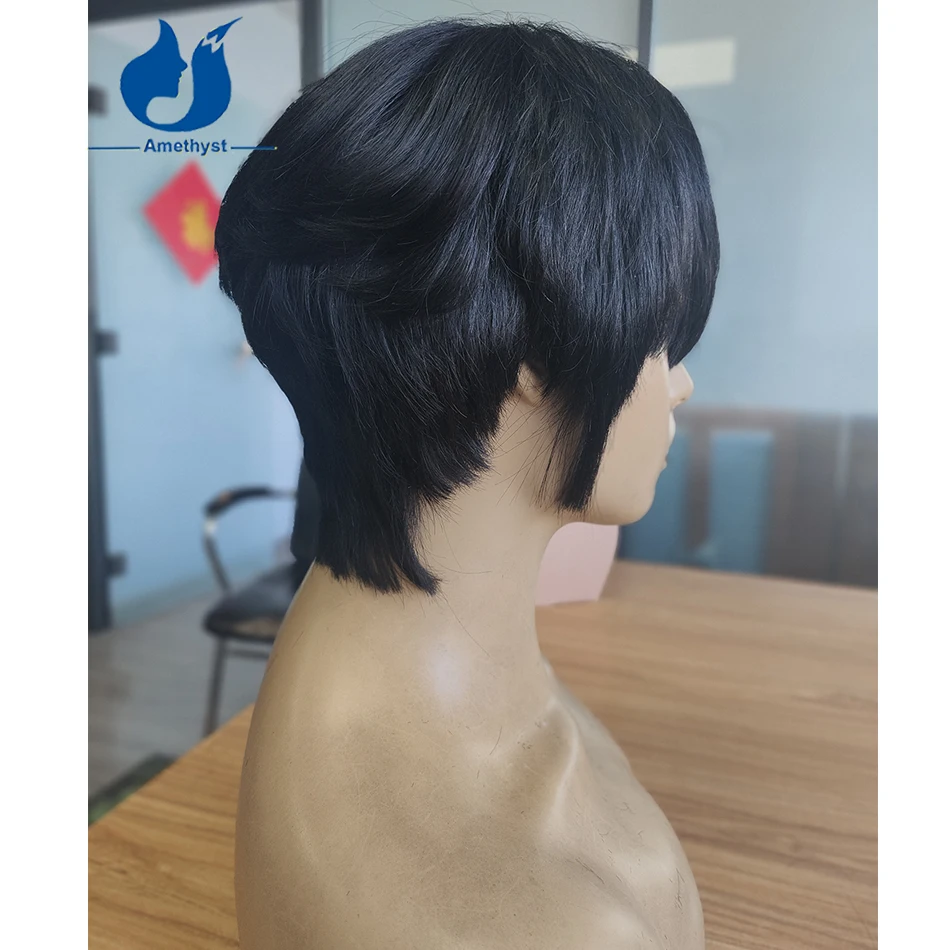 

Amethyst Pixie Cut Bob Wig with Bangs Brazilian Remy Human Hair Full Machine Made Straight Short Wig for Women Scalp Top