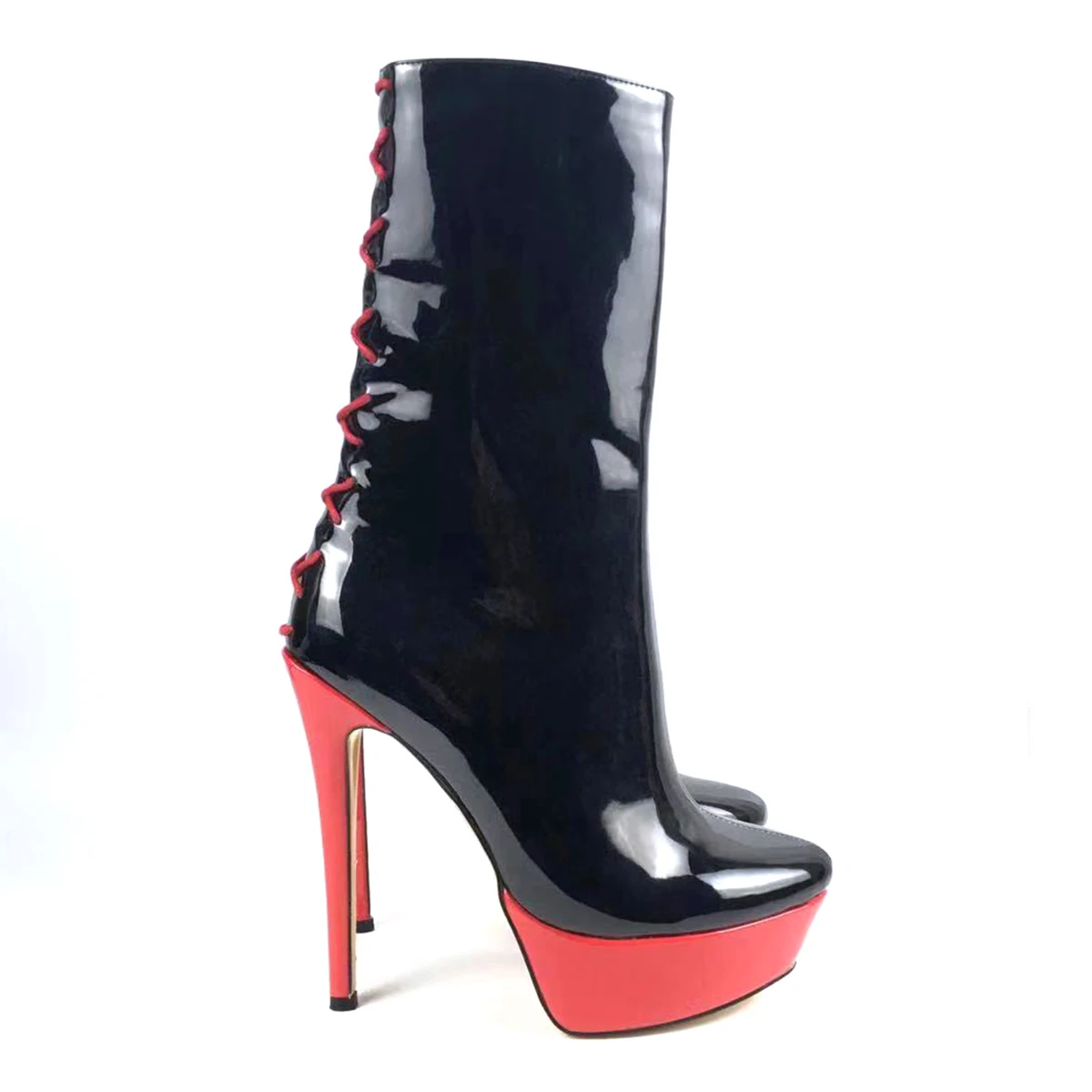 Ankle Boots for Women Red Platform High Heels Booties Fashion Ladies Spring Autumn Shoes in Black Patent Lace Up Zip Customized