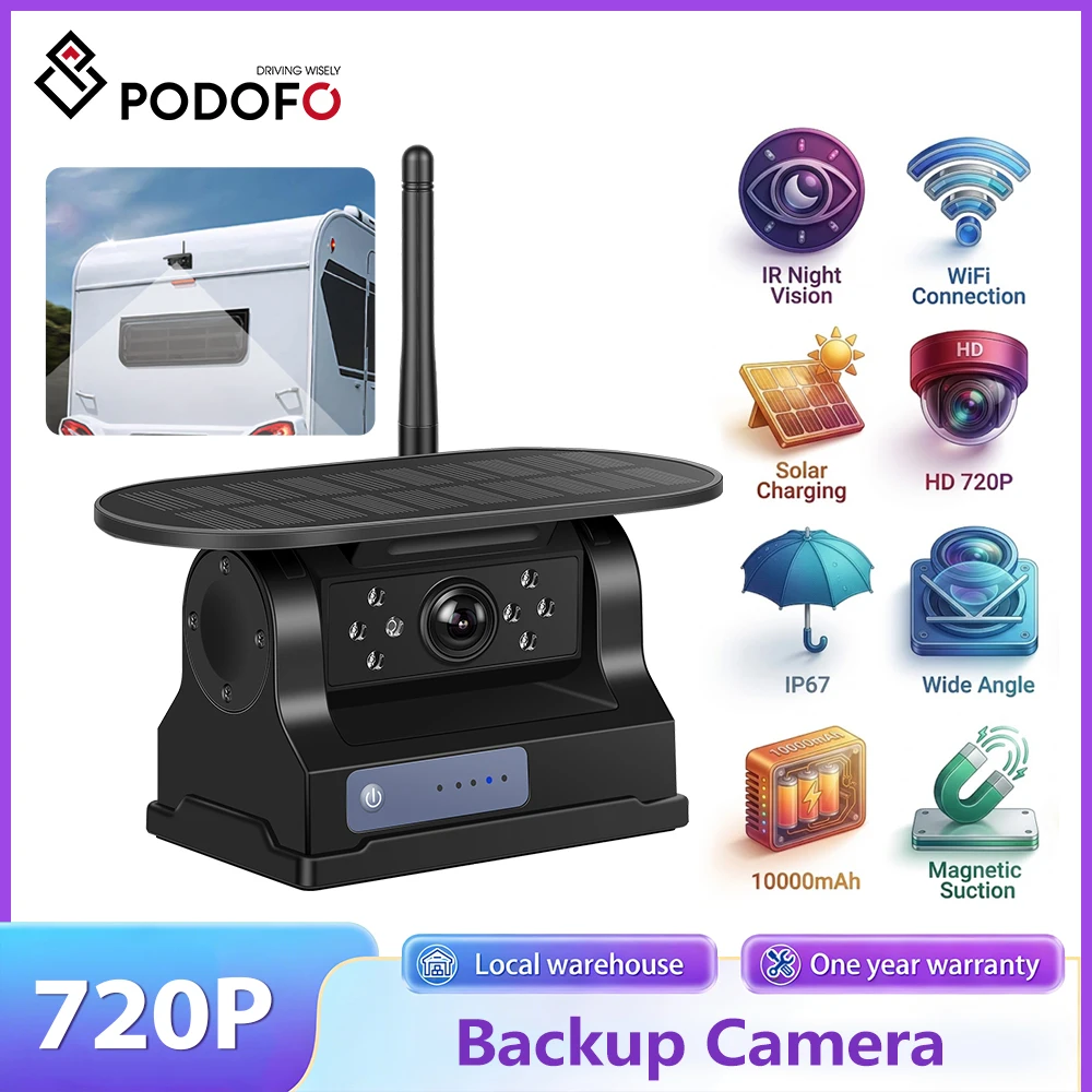 Podofo Kabellose Solar-WiFi-Autokamera 720P HD Infrarot-Nachtsicht Magnetisch Wasserdicht Front- und Rückansicht DVR für Fahrzeuge