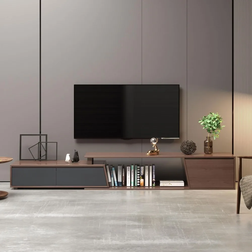 Modern TV Stand Entertainment Center, Expandable to 120 Inch, 3 Storage Drawers, Contemporary Media Console with Shelves