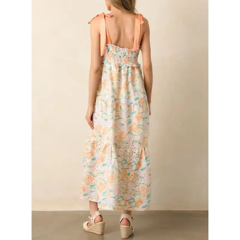 Combhasaki Donna Estate Cinghie Spalla legata Senza maniche Scollo a V Smocked Ruffle Trim Stampa floreale Swing A-line Canotta Abito lungo