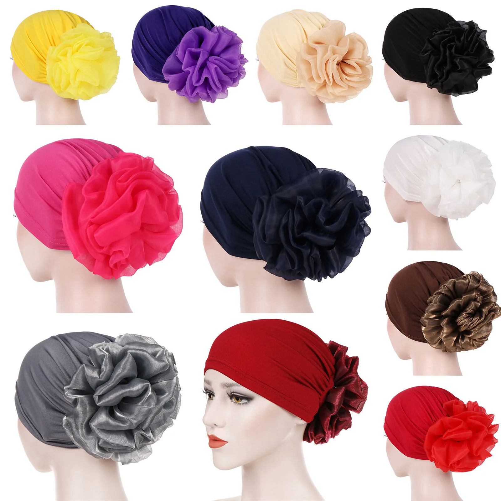 Fashion Muslim Hijab Caps Back Big Flower Turban Bonnet For Woman Islamic Wrap Head Inner Cap For Hijabs Trendy Headdress