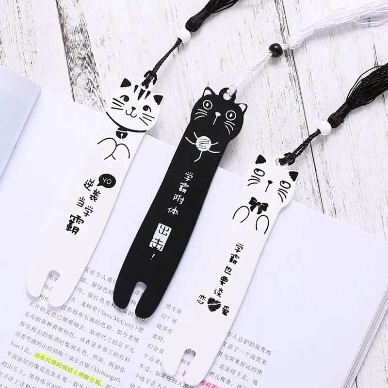 Cartoon Cat Shape Bookmark Students Stationery Cute Wood Bookmarks  Black and White Tassel Pendant Book Mark Kids Prizes