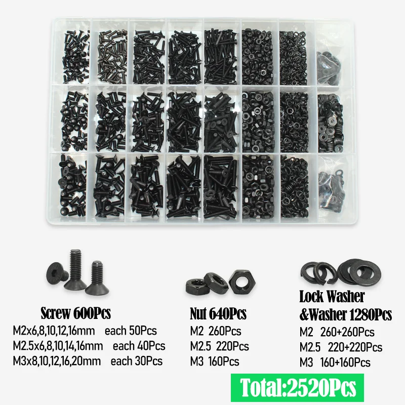 2520/Set schwarze Flachkopf-Innensechskantschrauben, Senkkopfschrauben, Muttern-Set, M2, M2,5, M3, M4, M5, M6, M8, legierter Stahl der Güteklasse 10,9, DIN 7991 – Detail 8