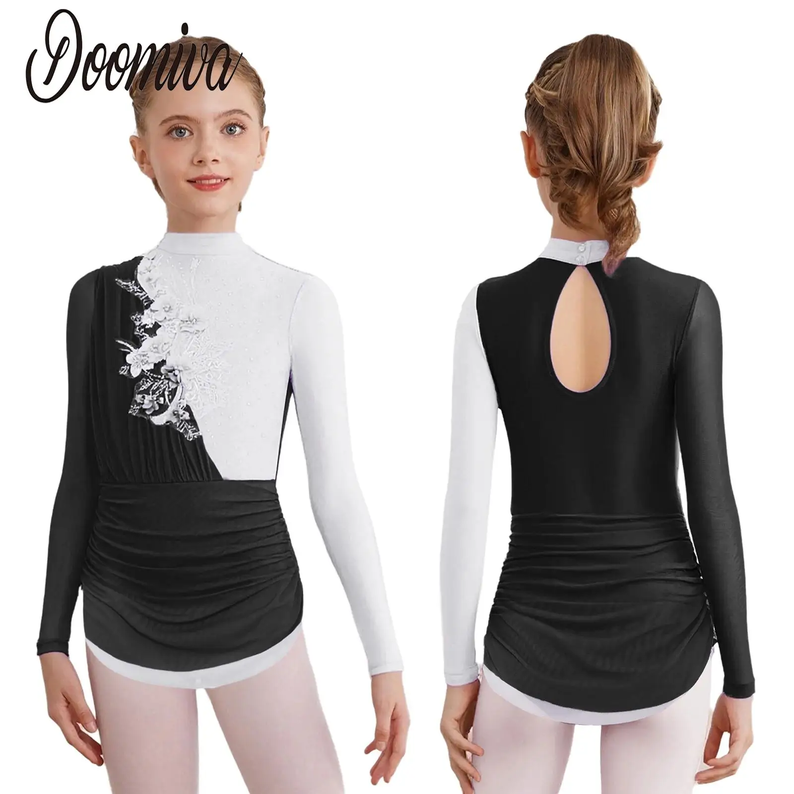 Crianças meninas vestido de patinação artística applique manga longa malha contornado collants traje de dança lírica ballet collant vestido dancewear