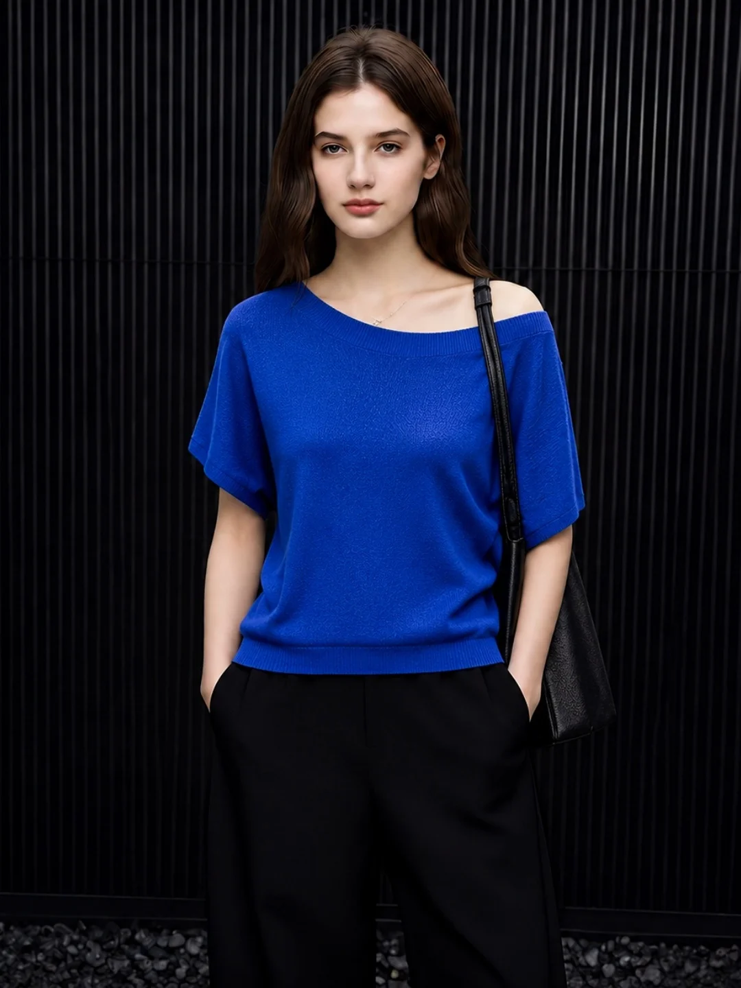  Knitted Ice Silk Top Shoulder Bared Summer Comfortable Short Sleeve  Color All Match Loose Fit Korean Style Wo...