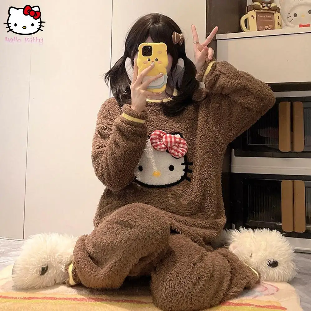 ملابس نوم نسائية شتوية جديدة من سانريو نصف صوف كاجوال برقبة دائرية طقم ملابس منزلية مريحة وناعمة كرتونية دافئة #6