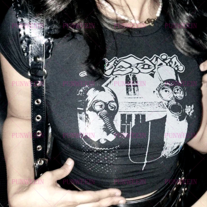 

Винтажная черная футболка Dystopia Band с графикой Y2k, готическая Harajuku, панк, с буквенным принтом, уличная одежда 2000-х годов, укороченные топы на бретельках