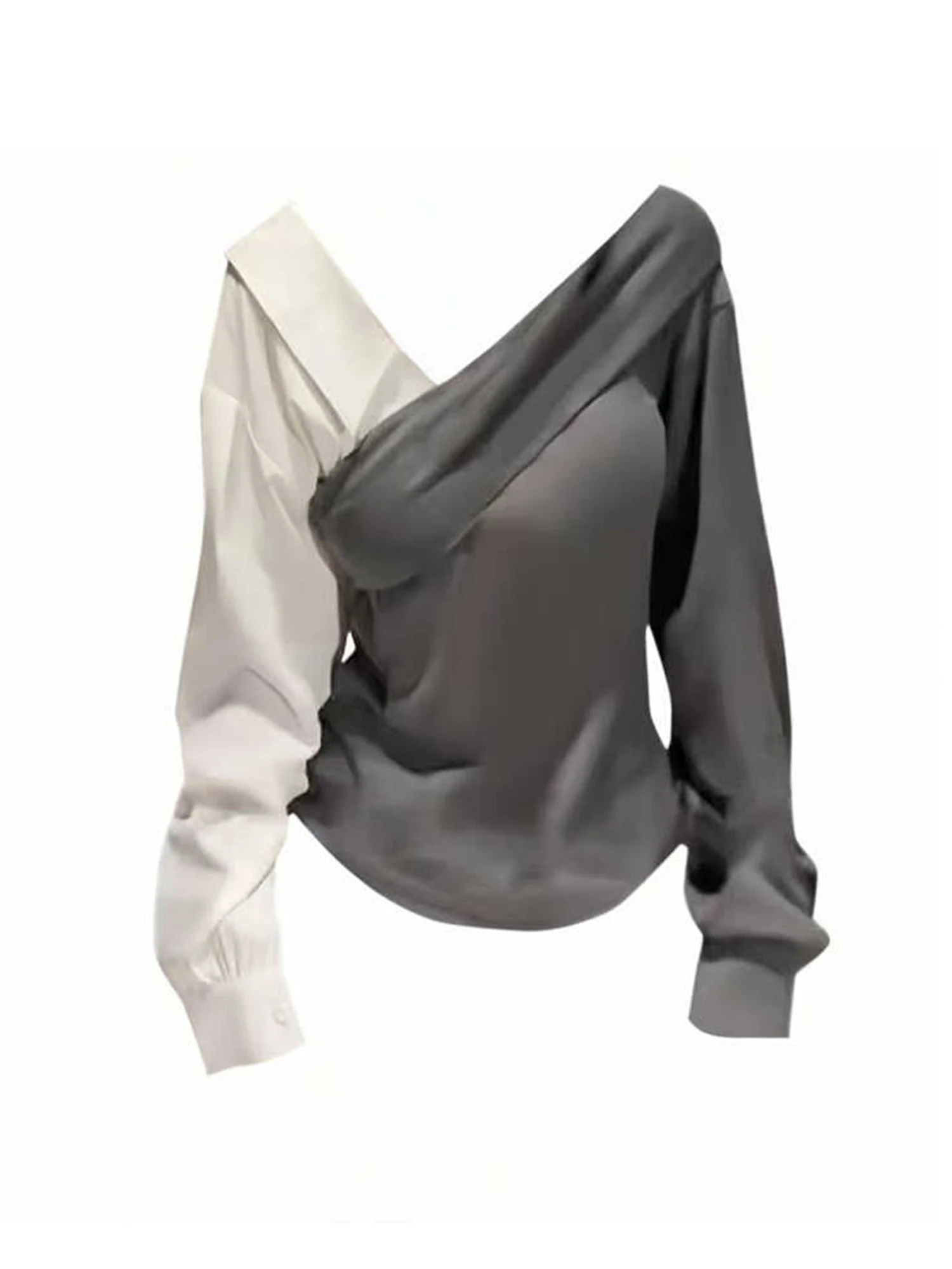 

Women's Grey V-Neck Patchwork Shirts Blouses Y2k 90s Vintage Elegant Korean 2000s Office Ladies Long Sleeve Shirt Clothes 2025