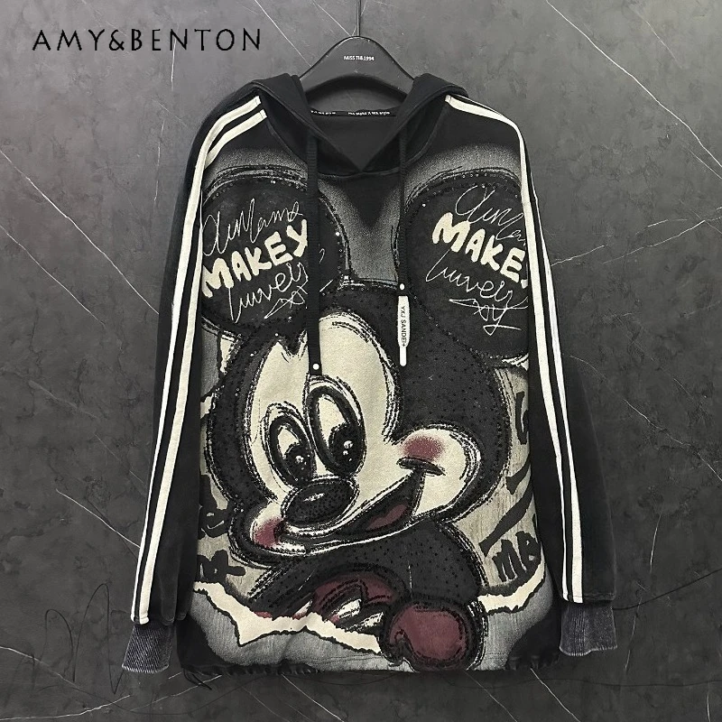 Heavy Industry New Sequin Print Cartoon Y2k Hooded Sweatshirt For Women's Loose Casual Fashion Top Pullover Sudaderas De Mujer